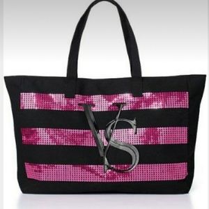 Victoria's Secret pink and black sequined tote --NWT